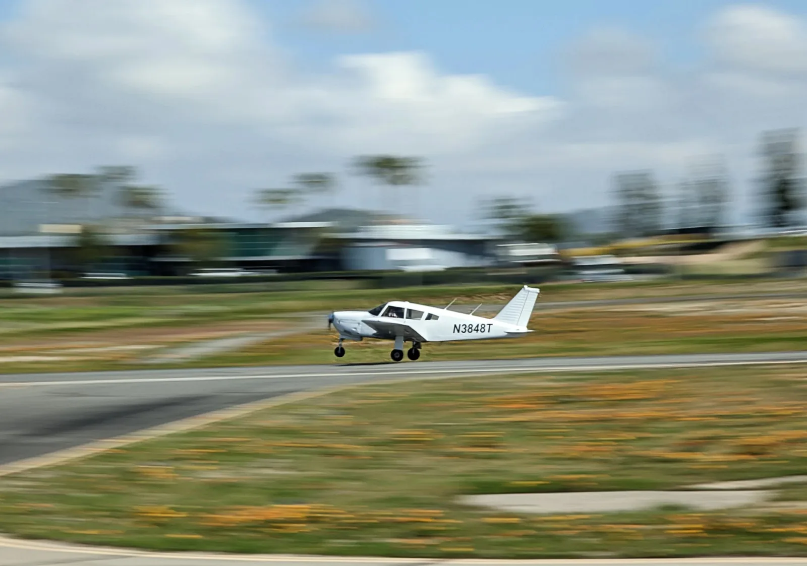 Training aircraft taking off from Riverside Municipal Airport on a discovery flight