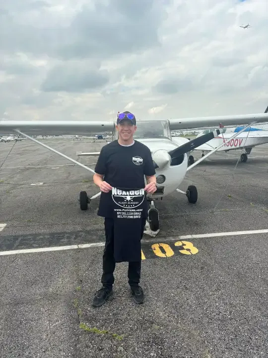 Student pilot completing the pre-flight inspection on a Cessna 172 before a Private Pilot training flight